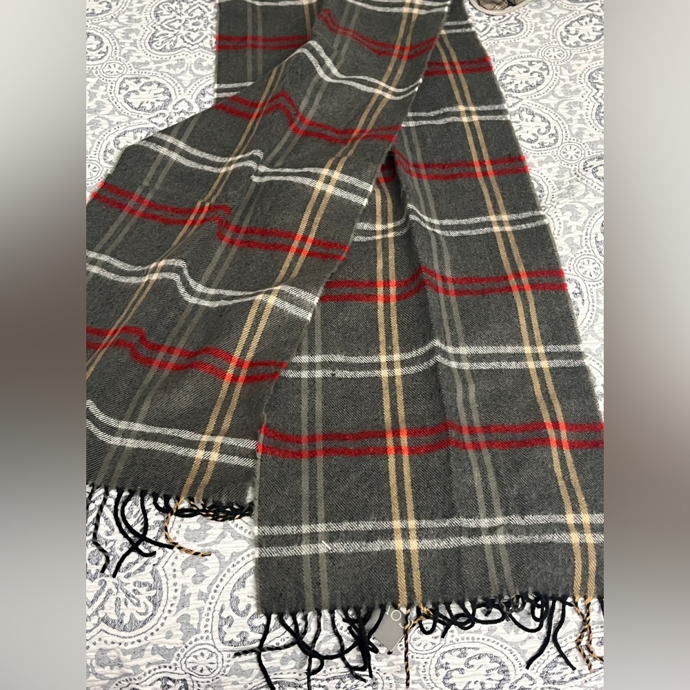 Covington Plaid Scarf in Red, Gray, and Tan
